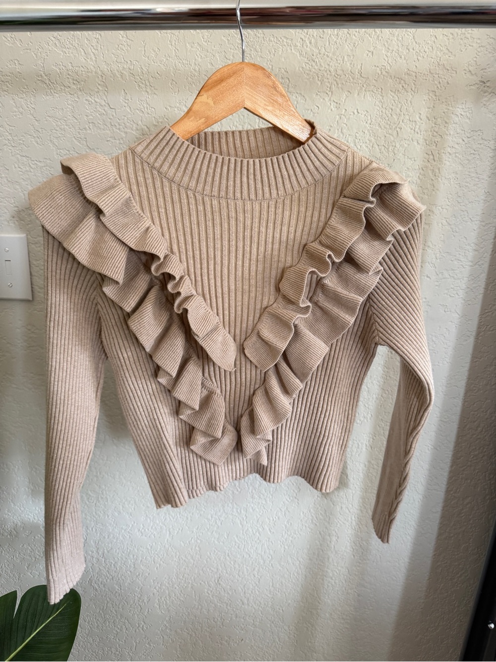 SHEIN Beige Ribbed Ruffle-Trim Crop Sweater